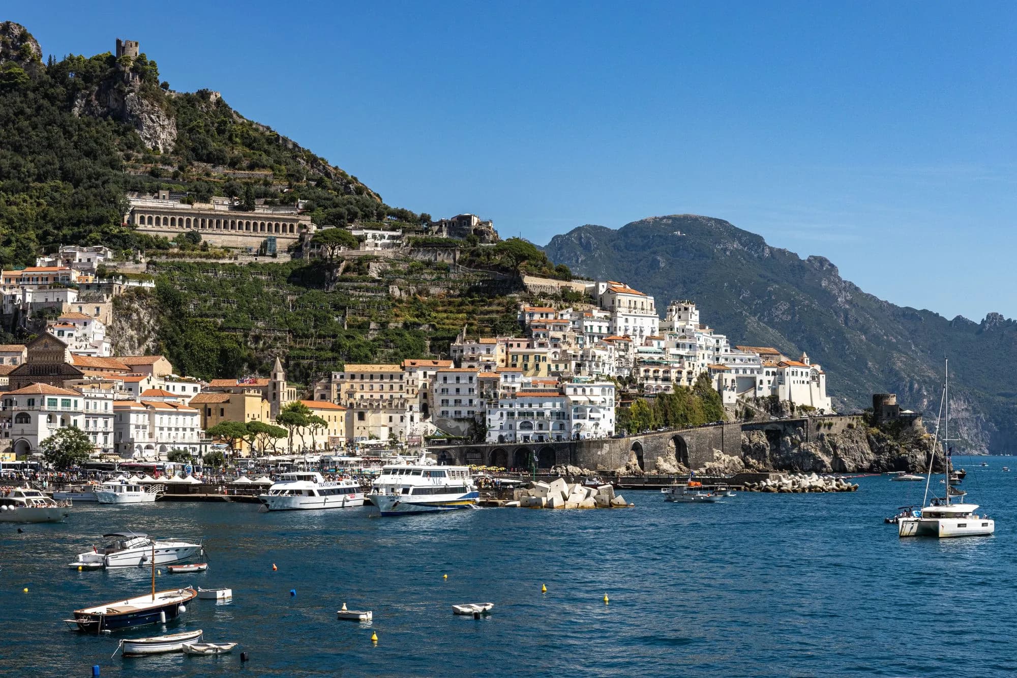 The harbour and town of Amalfi beneath the mountains