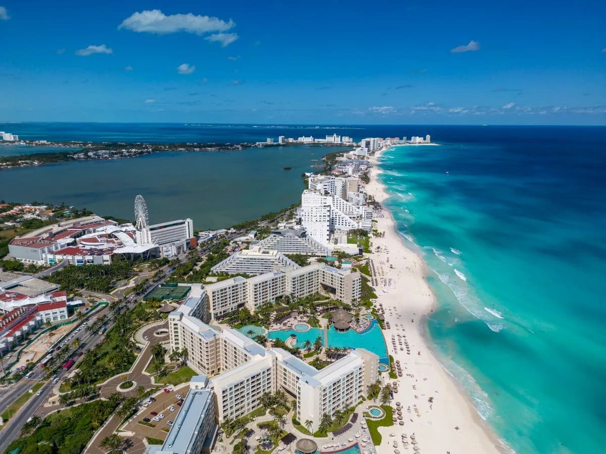 Resorts along the white-sand coast of Cancún, from the air