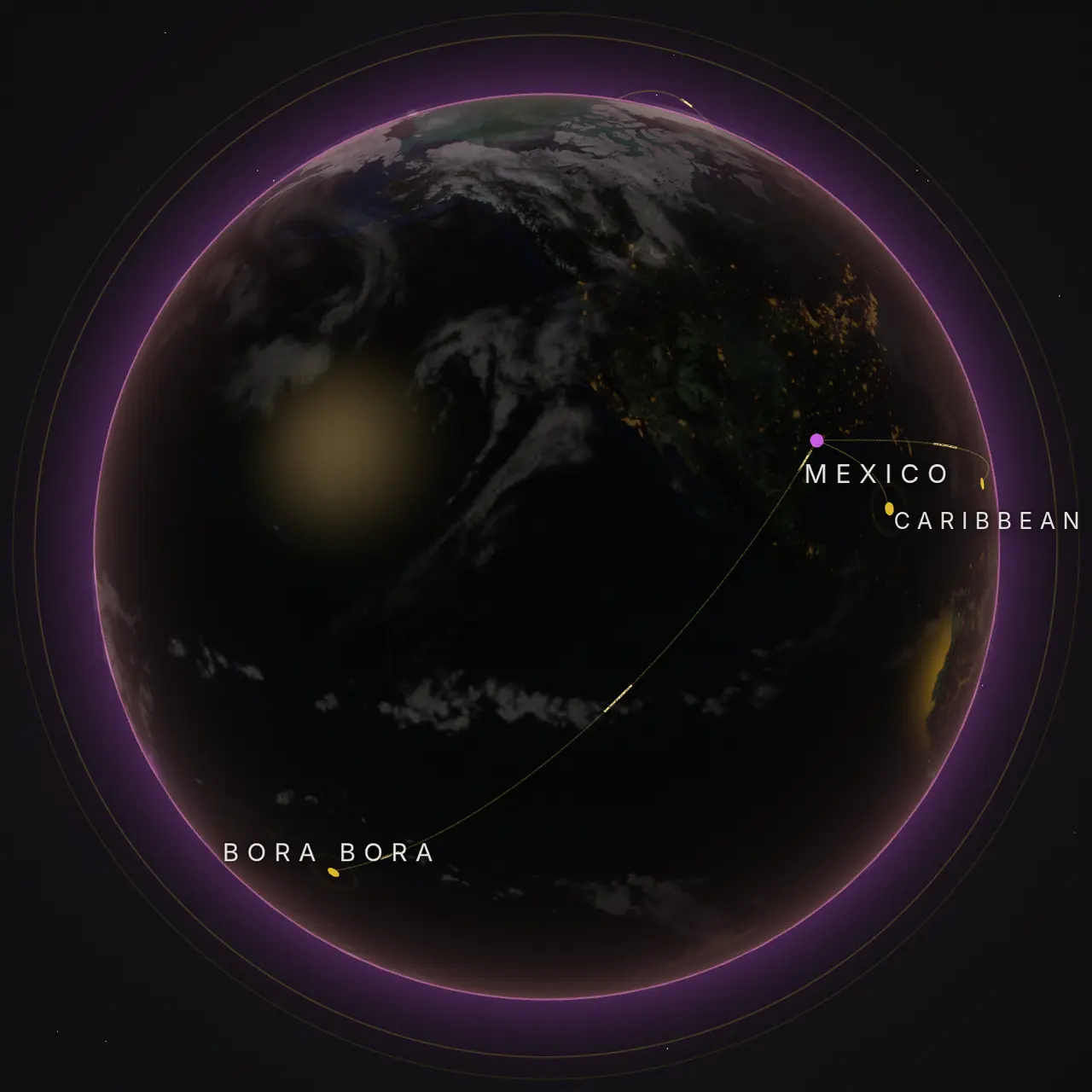 A night-side view of the Earth with golden flight paths from the United States to the Maldives, Bora Bora, the Caribbean and Mexico